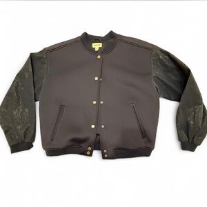 Navy Blue Bomber Jacket with leather sleeves